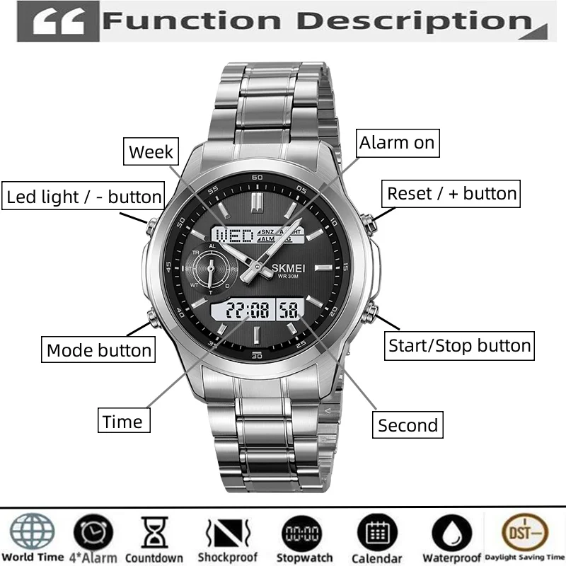 Skmei Men's LED Waterproof Sports Watch with Analog-Digital Display and Multi-Time Zone功能