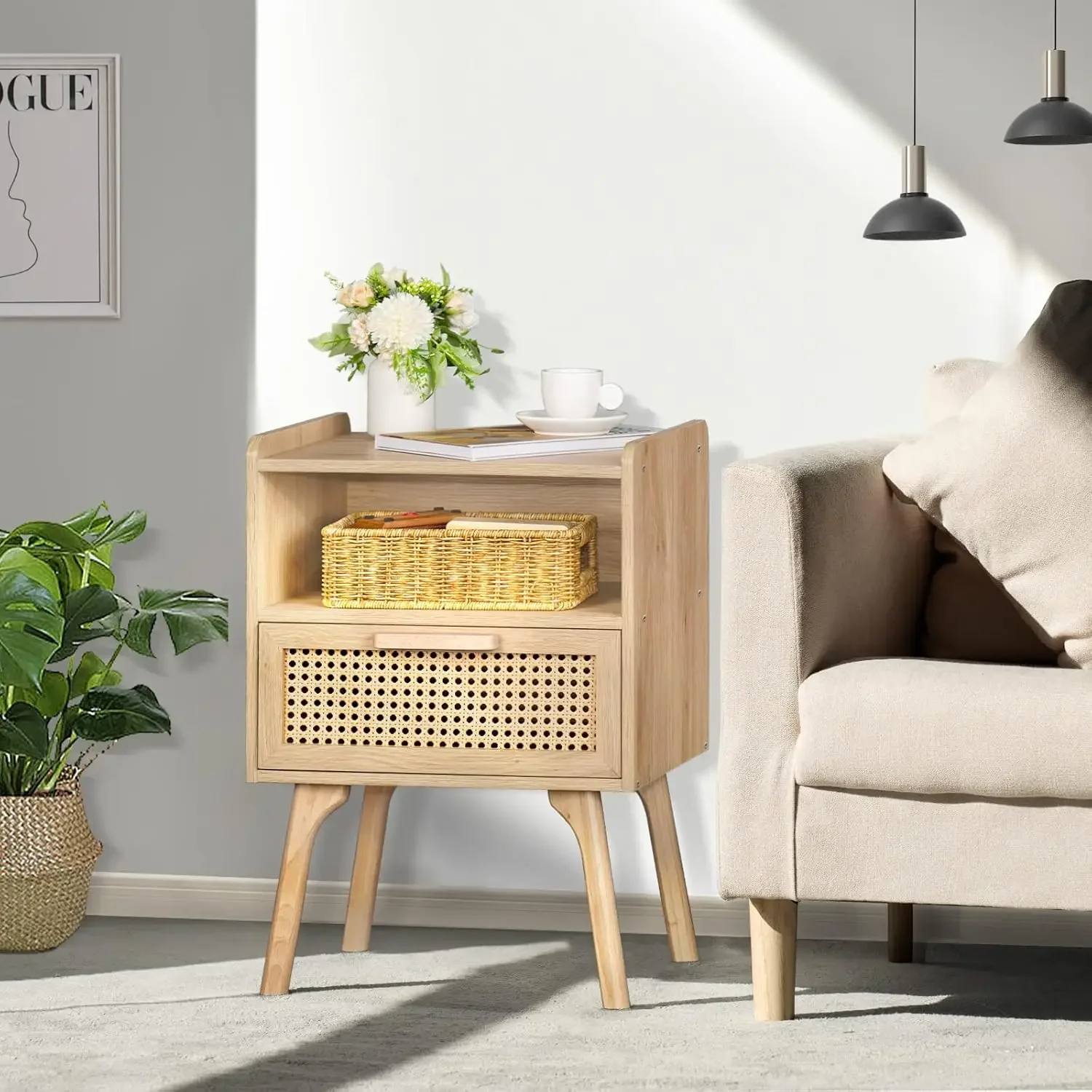 Rattan Nightstands Set of 2, Boho Side Table with Drawer Open Shelf, Cane Accent Bedside End Table with Solid Wood Legs 4