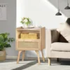 Rattan Nightstands Set of 2, Boho Side Table with Drawer Open Shelf, Cane Accent Bedside End Table with Solid Wood Legs 4