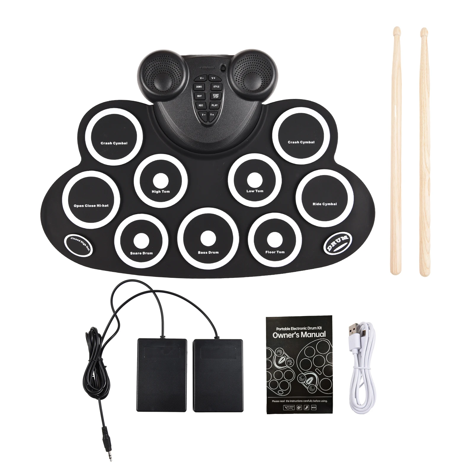 Electronic Drum Set Hand Roll Drum Set with Drumsticks Foot Pedal 9 Pads Dual Speaker Supports Connection MIDI Gaming Pad