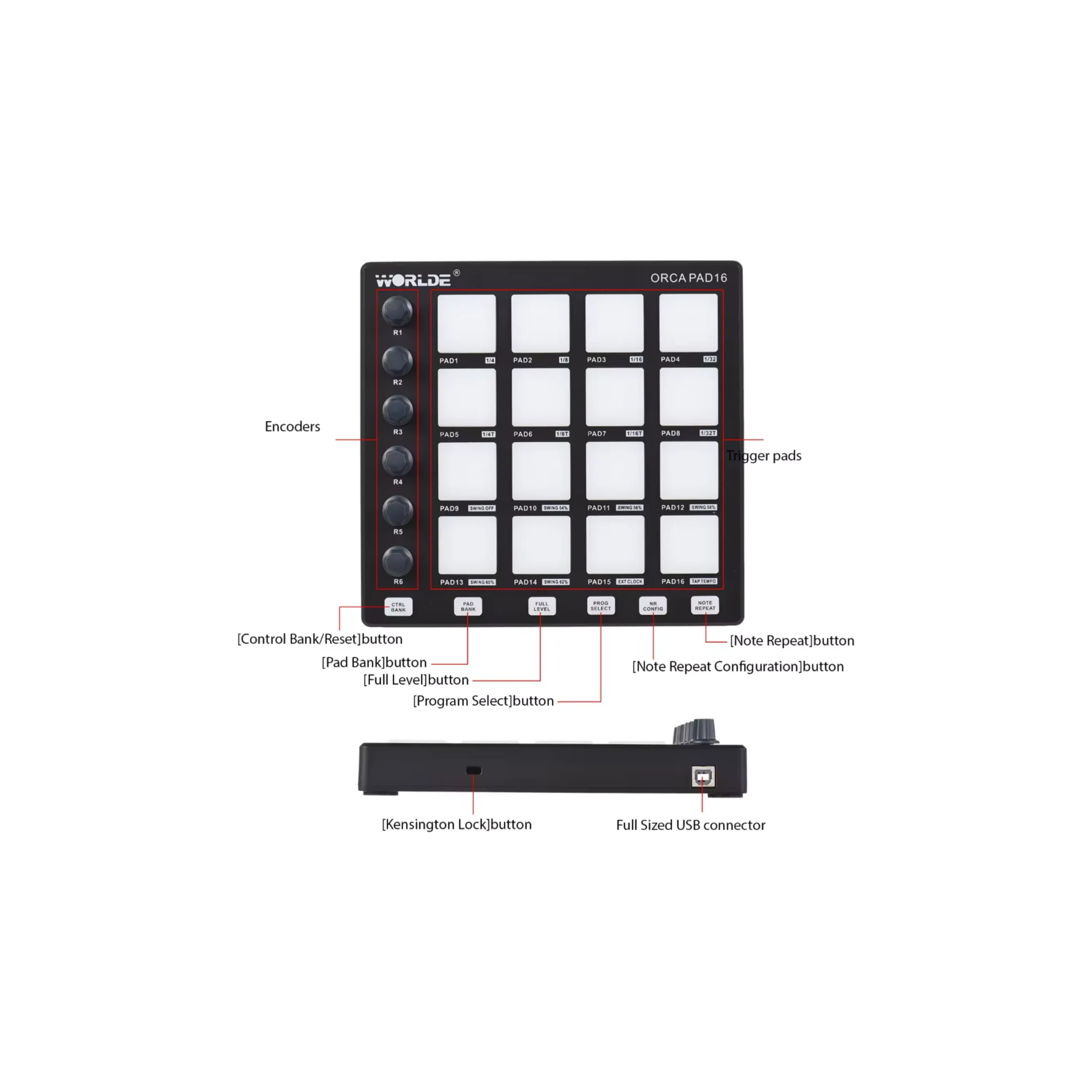 Worlde Orca Pad16 Mini Usb Midi Controller Keyboard DJ Music Audio