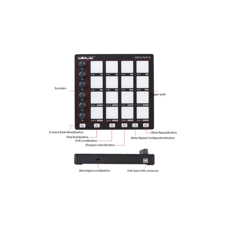Worlde Orca Pad16 Mini Usb Midi Controller Keyboard DJ Music Audio