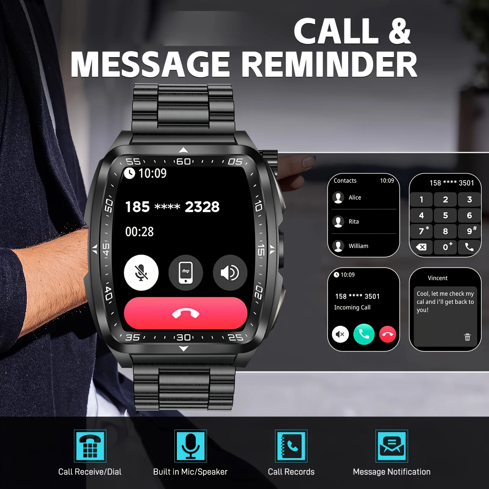Relógio inteligente masculino militar com monitor de saúde, IA, voz, chamada Bluetooth, fitness, à prova d'água, esportivo, smartwatch para celular iOS e Android_voghion.com