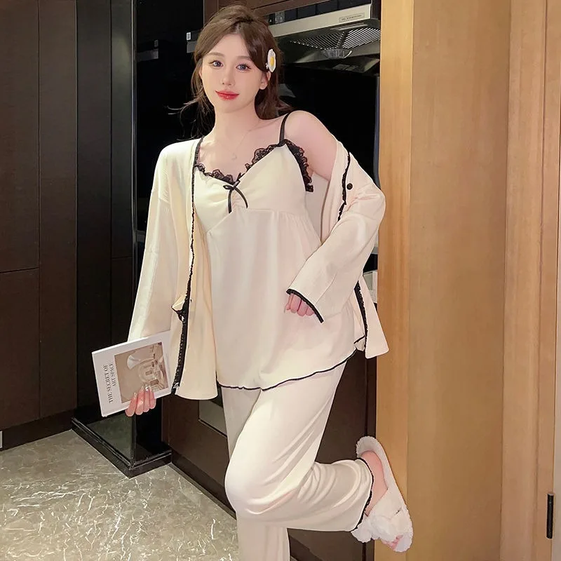 2024 Women Spring Summer Pajamas Sweet Camisole Pyjamas Set with Chest Pad Long-sleeved Sleepwear Three-piece Casual Home Wear