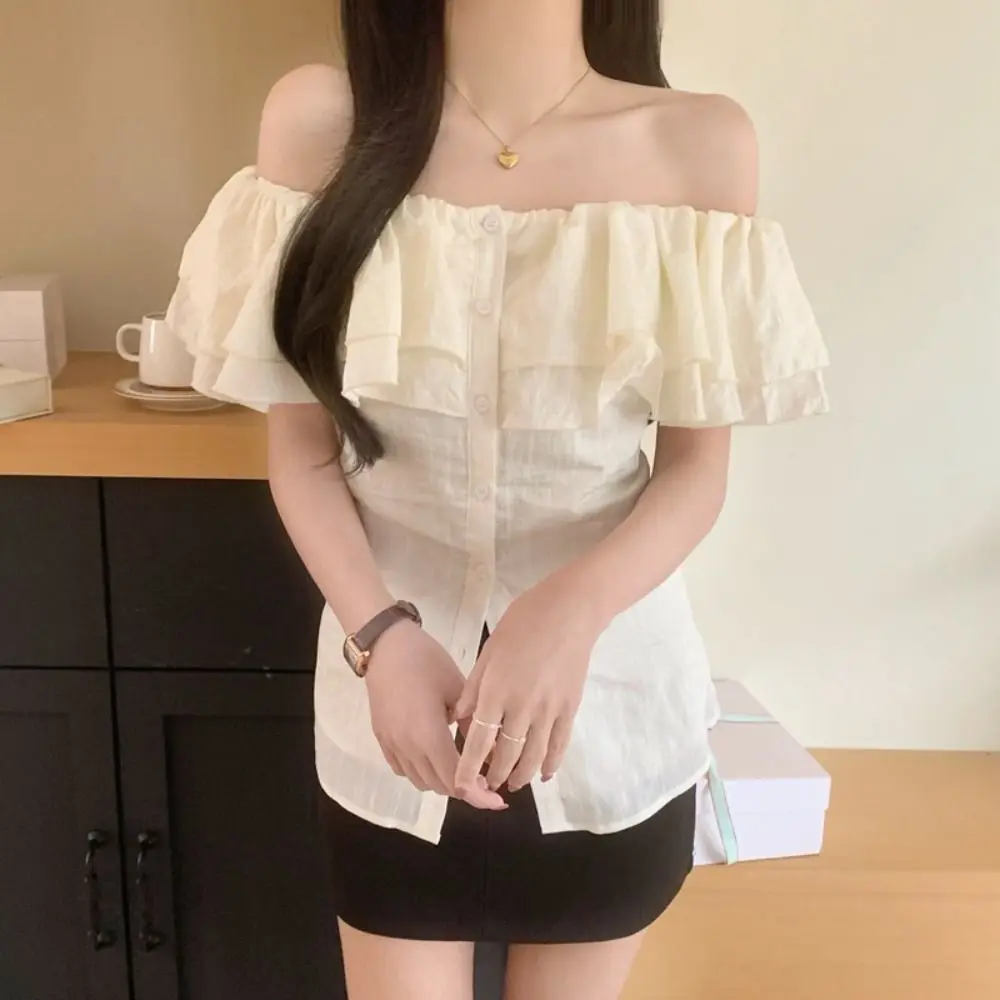 Breathable Boat Neck Off Shoulder Tops Ruffle Shirt Beige Short T-shirts Thin Ins Style Y2K Short Sleeves Tops Travel