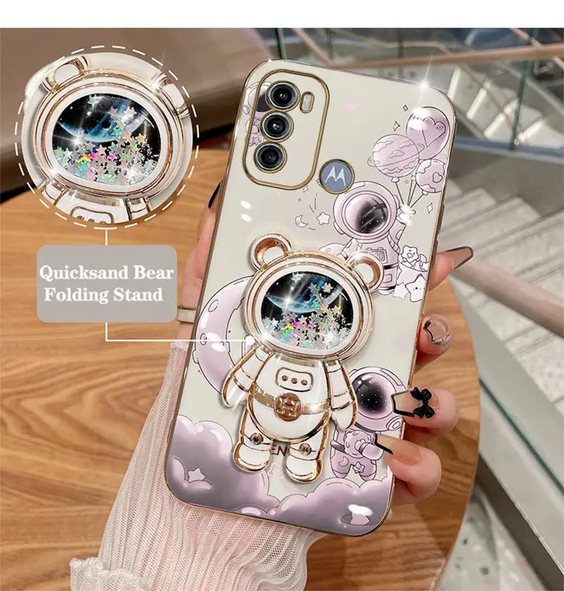 Quicksand Astronaut Plating Phone Holder Case For Motorola Moto G60 G53 G50 G42 G30 G20 G22 G52 E20 Plus G9 Play G8 Power Cover