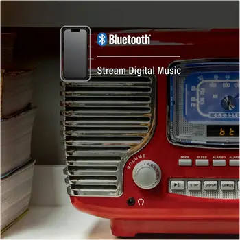 Retro AM/FM Alarm Clock Radio with CD Player and Bluetooth Speakers in Red 5