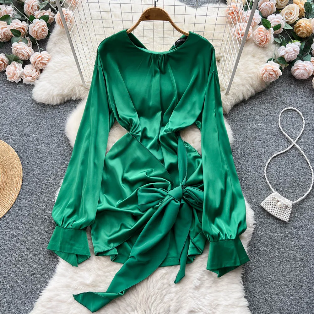

Autumn New Irregular Bow Tie Korean Design Sense Pleated Temperament Casual Long-sleeved Dress