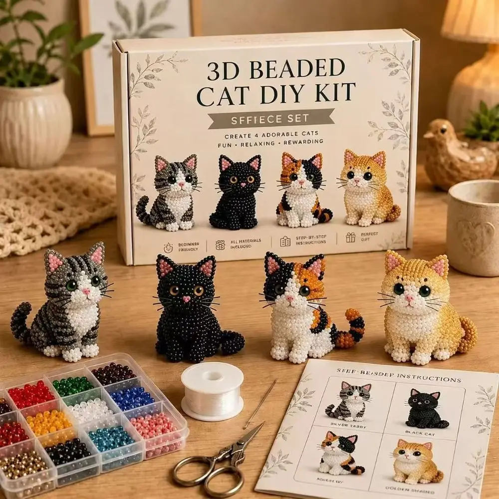 Kit Fai-da-Te per Ricamo con Perline a Tema Animale, Set Artistico Colorato per Mini Lavorazioni con Perline, Kit Educativo 3D per Creazione Portachiavi a Forma di Gatto - immagine 5