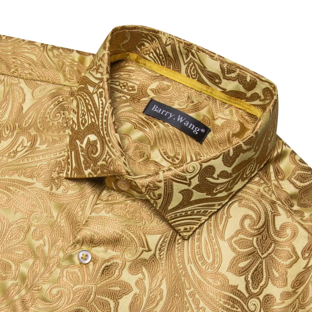 Designer Shirts for Men Gold Paisley Silk Long Sleeve Slim Fit Male Blouses Turn Down Collar Casual Tops Breathable Barry Wang