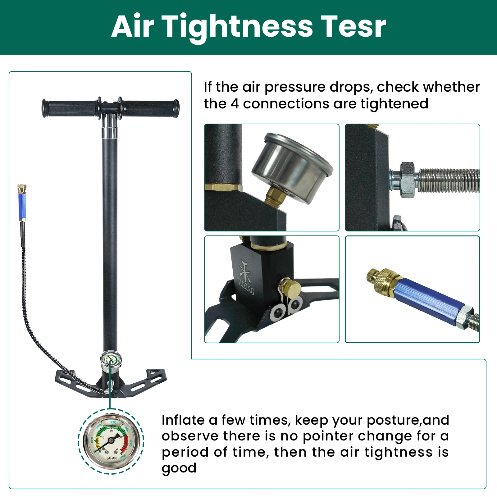 4500psi 4 Stage High Pressure PCP Pump 300bar Hand Operated Air Pump for HPA Tank Hunting Car Bicycle Air Refilling