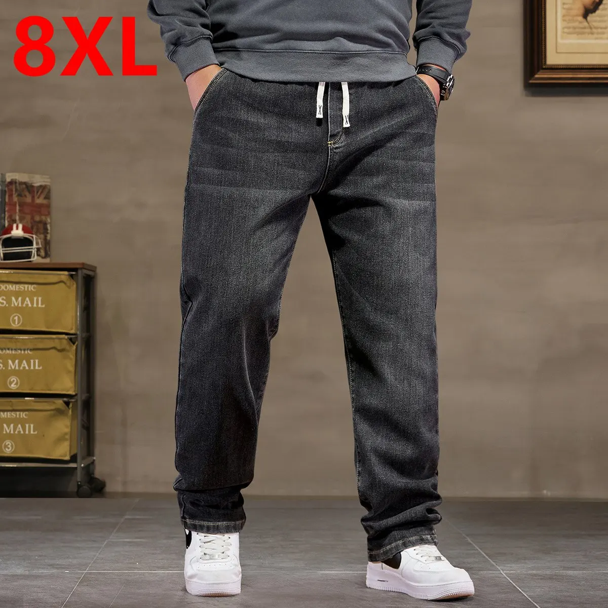 Plus size jeans men loose straight autumn man high elasticity father trousers 44 46 48 jeans for men 7XL 6XL 5XL 8XL