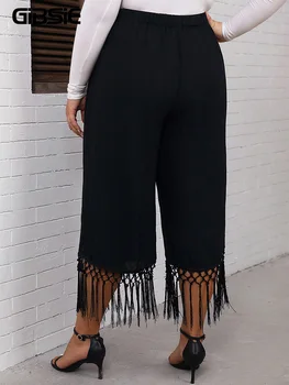 Gibsie plus size black tassel hem straight leg pants women summer casual streetwear elastic waist cropped