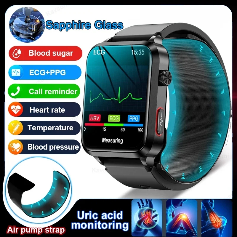 2024 New Precision Blood Pressure Measurement Health Smart Watch Men Air Pump Airbag Blood Glucose Lipid Heart Rate Smartwatch
