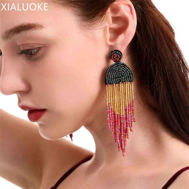 XIALUOKE Bohemian Long Tassel Handmade Beaded Drop Earrings For Women  Vintage Ethnic Color Earrings Party Holiday Jewelry