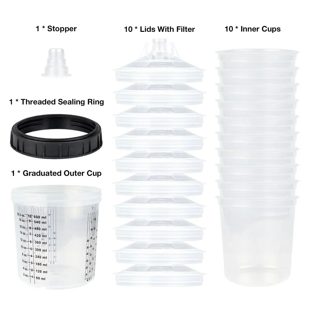 Kit De Gobelets Jetables Pour Aérographe HVLP/LVLP - 10 Bechers 600 Ml Avec Couvercles, Filtres, Bouchons - 7