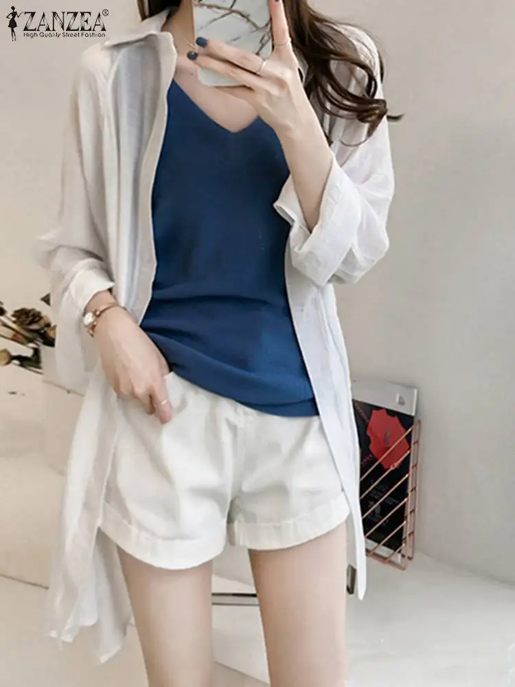 

ZANZEA Women Solid Long Shirts Fashion Holiday Lapel Collar Blouse Casual Loose Long Sleeve Cardigan 2023 Summer Side Slit Tops