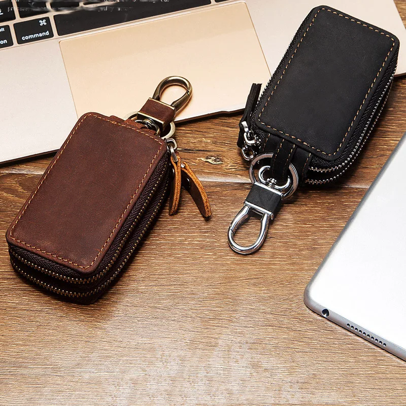 Double Pocket Zipper Leather Keychains Car Keychain Waist Hanging Key Holder Multifunctional Organizer Bag Key Chain for Men