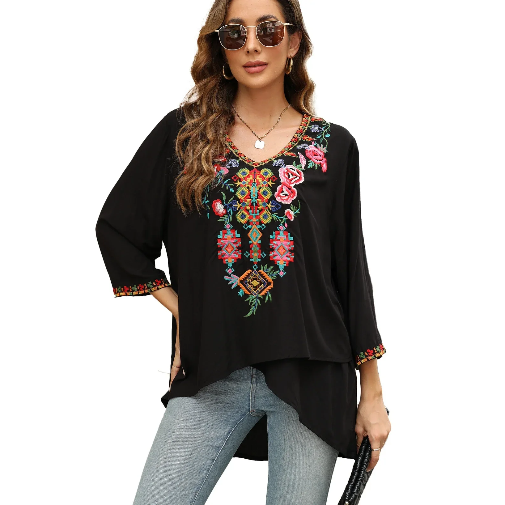

AYUALIN Vintage Cotton Rayon Boho Ethnic Floral Embroidery Blouses Summer Blusas Casual Loose Long Blouse Shirt for Women Tops