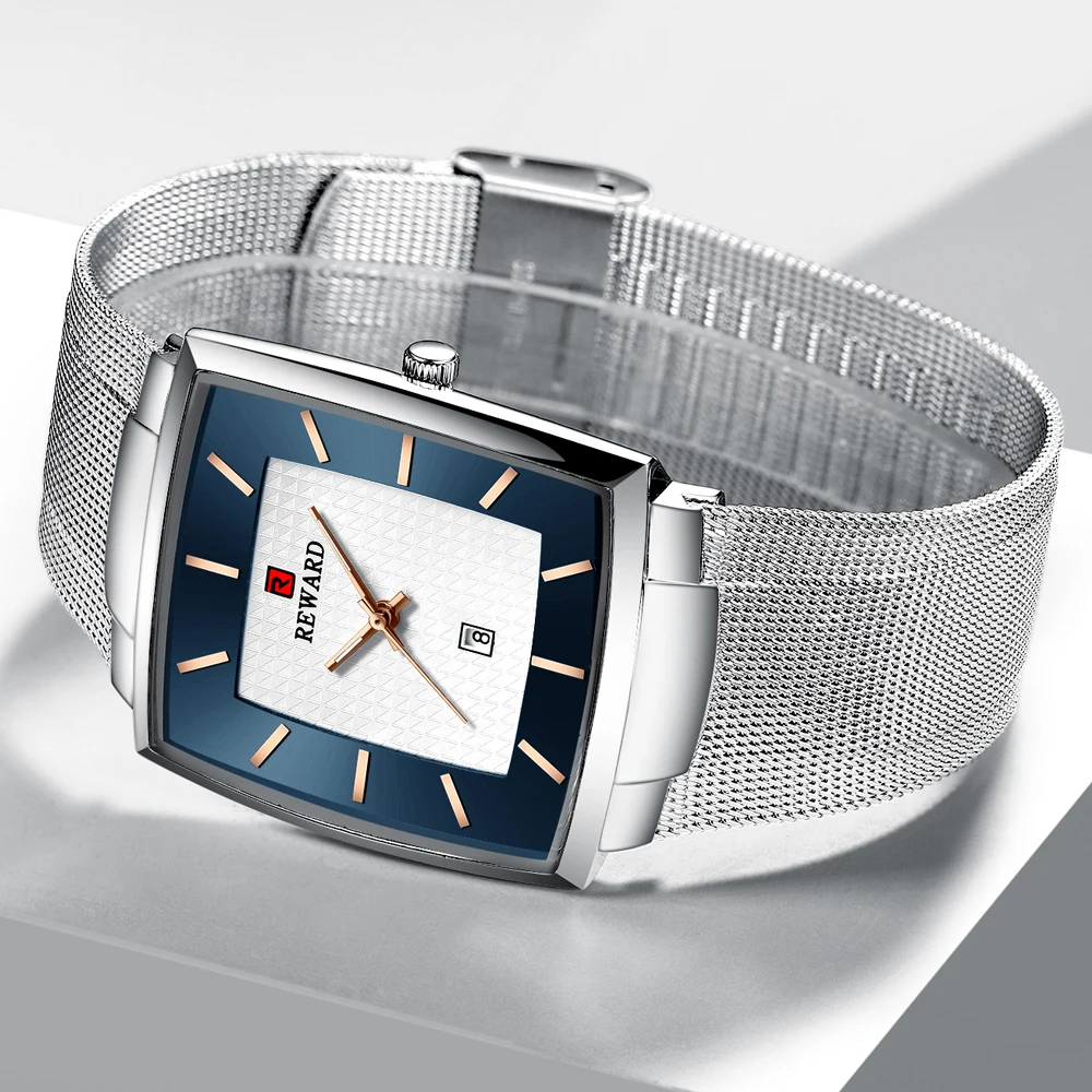 Reward Watch Men Stainless Steel Blue Quartz Watches Male Fashion Top Brand Luxury Slim Mesh Waterproof Business Wrist Watch, Alina Gadgets