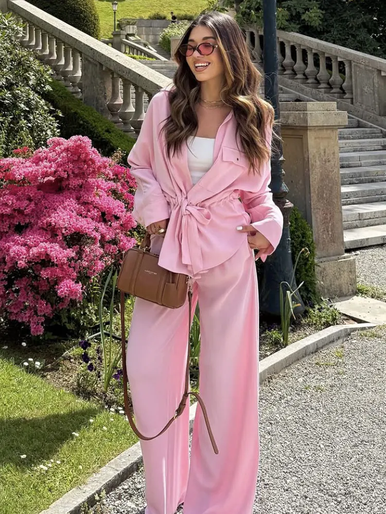 HH Women Elegant Pink Blouse Pants Sets Single Breasted Lapel Shirt With Lace-up Elastic Waist Trousers High Street Outfits