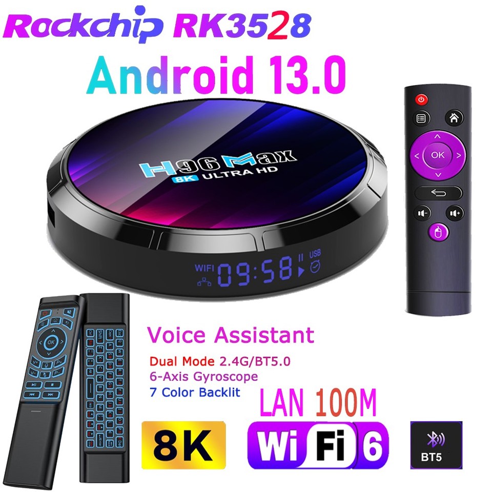 Android 13.0 RK3528 Quad Core 8K Video Wifi6 100M LAN BT5.0 Voice Assistant USB 3.0 Media Stick Player Smart TV Box H96 MAX