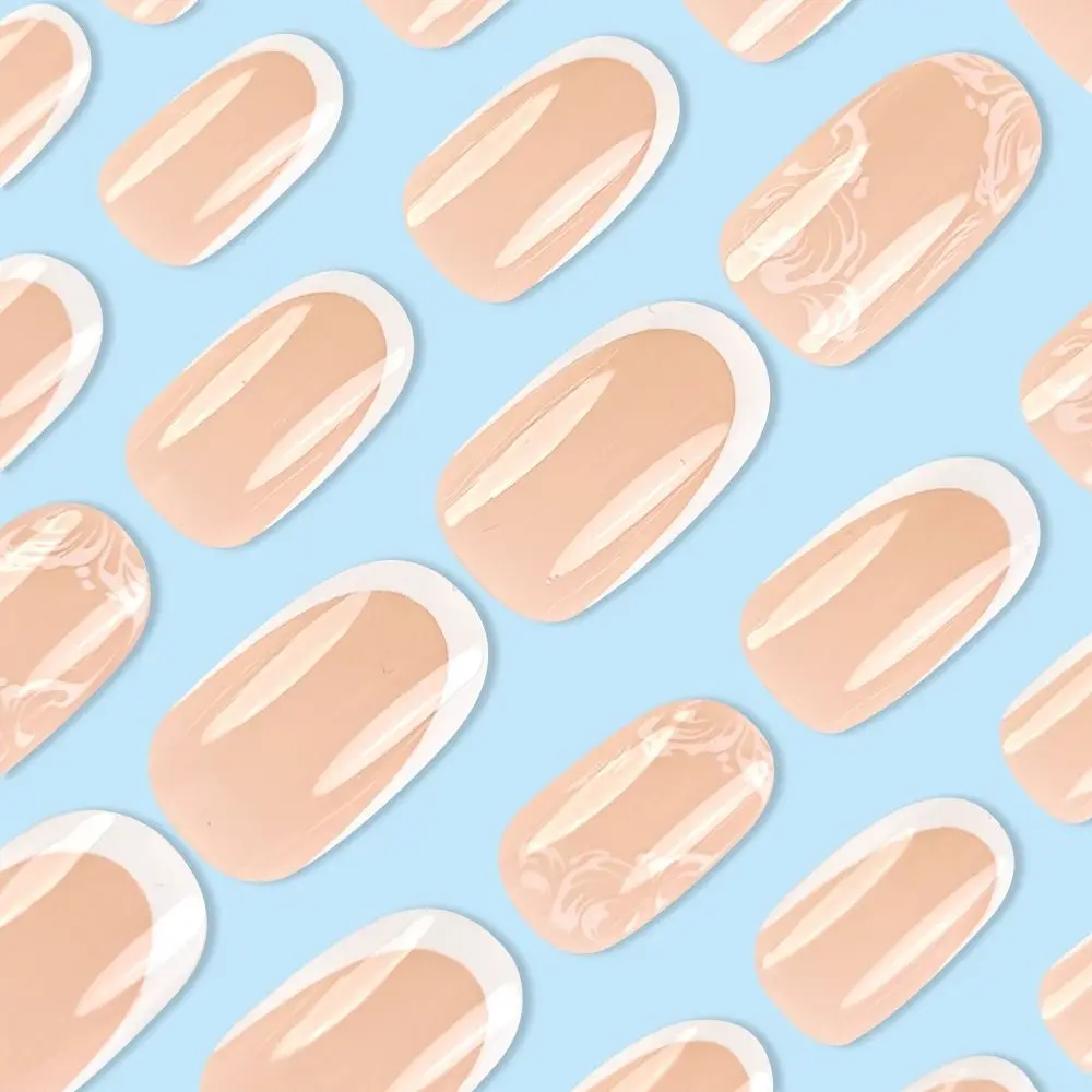 새로운 롱 발레리나 및 스퀘어형 프렌치 화이트 스트라이프 가짜 손톱, 탈부착 가능한 풀커버 네일 팁 (여성/소녀용)