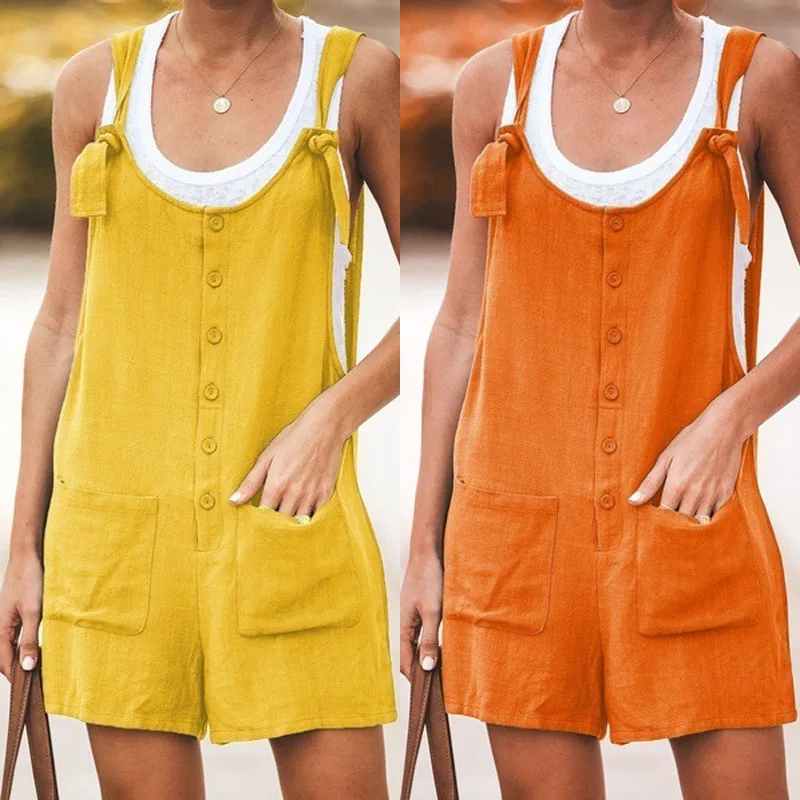 Léto ženy bez rukávů kombinézy elegantní jumpsuits šmajchl ležérní vintage dámy krátký kalhot bavlna a prádlo široký noha playsuit