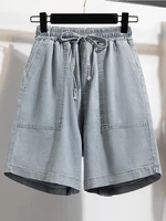 Plus Size Denim Shorts For Women Summer 2024 New Half Length Wide Leg Blue Drawstring Jeans High Elastic Wasit Shorts Hot Sale