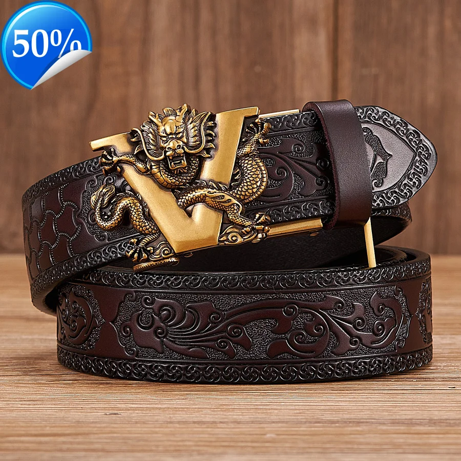

3.5CM V Buckle Cowskin Genuine Leather Belt Quality Alloy Automatic Print Wasitbad Strap Gift Bussiness Male Men