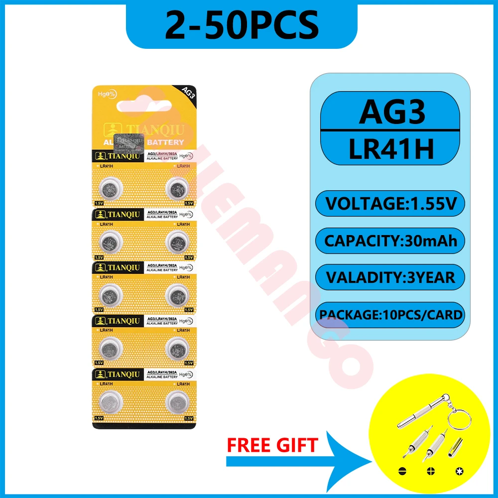 

TIANQIU 192 LR41 AG3 SR41 392 392A 384 L736 1.5V Alkaline Button Coin Cell Battery For Toy Calculator Scale Clock Watch 0%Hg