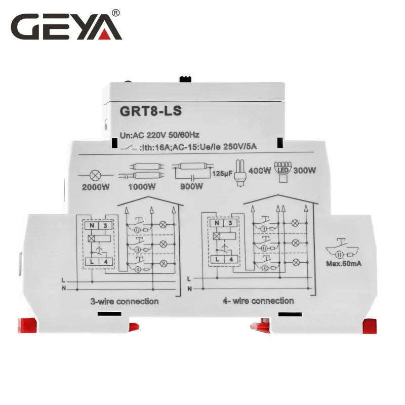 GEYA GRT8-LS/LM Din rail Staircase Switch Lighting Timer Switch 230VAC 16A 0.5-20mins Delay off Relay Light Switch 3