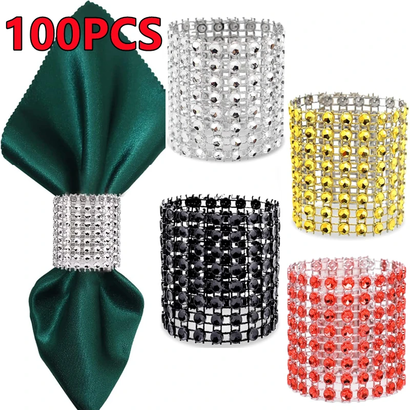 New 100/50/30pcs Rhinestone Napkin Rings Bling Decoration Wedding Dinner Elegant Gold Sliver Napkin Rings Holder Party Supplies