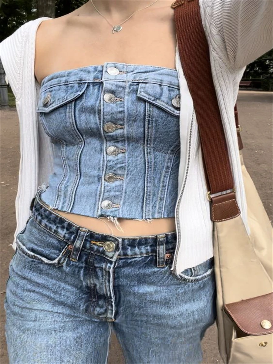 専用 vintage off shoulder belt denim top