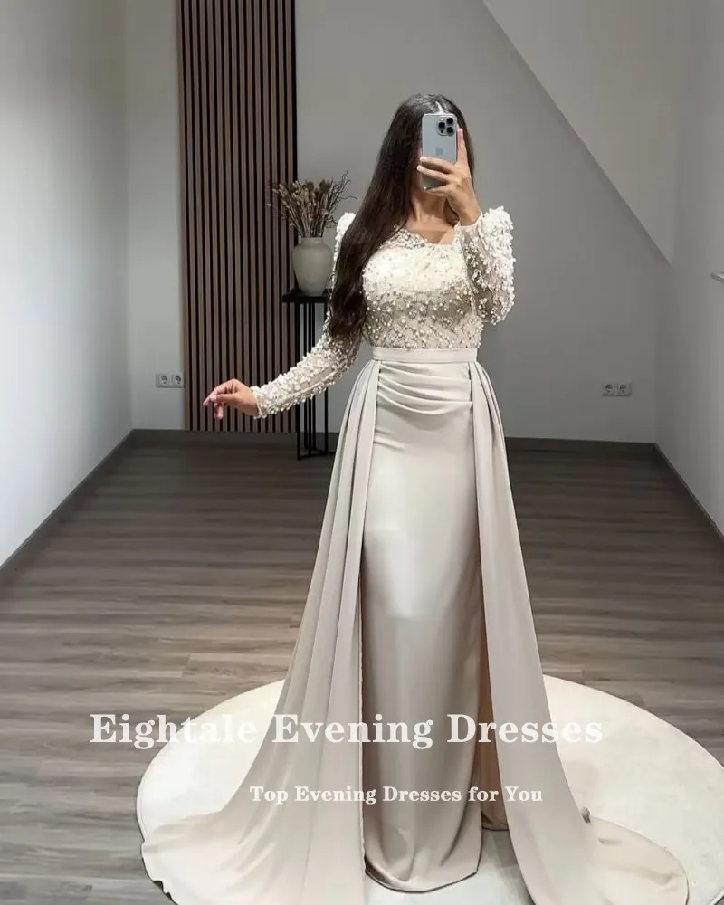 فستان سهرة عربي Eightale بلون الشمبانيا وأكمام طويلة مخصص من الساتان القابل للتمدد لحفلات الزفاف حورية البحر فيستدو دي نوش