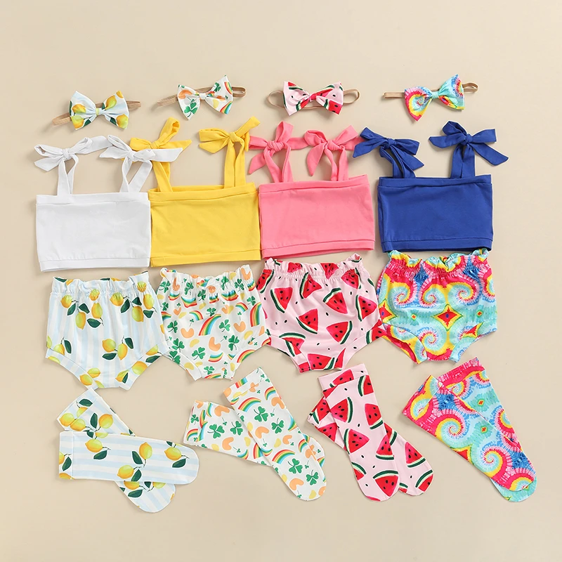 FOCUSNORM 4pcs Baby Girls Summer Clothes Sets Printed Sleeveless Strap Sling Tops High Waist Shorts Bow Hair Band Warm Socks stylish baby clothing set