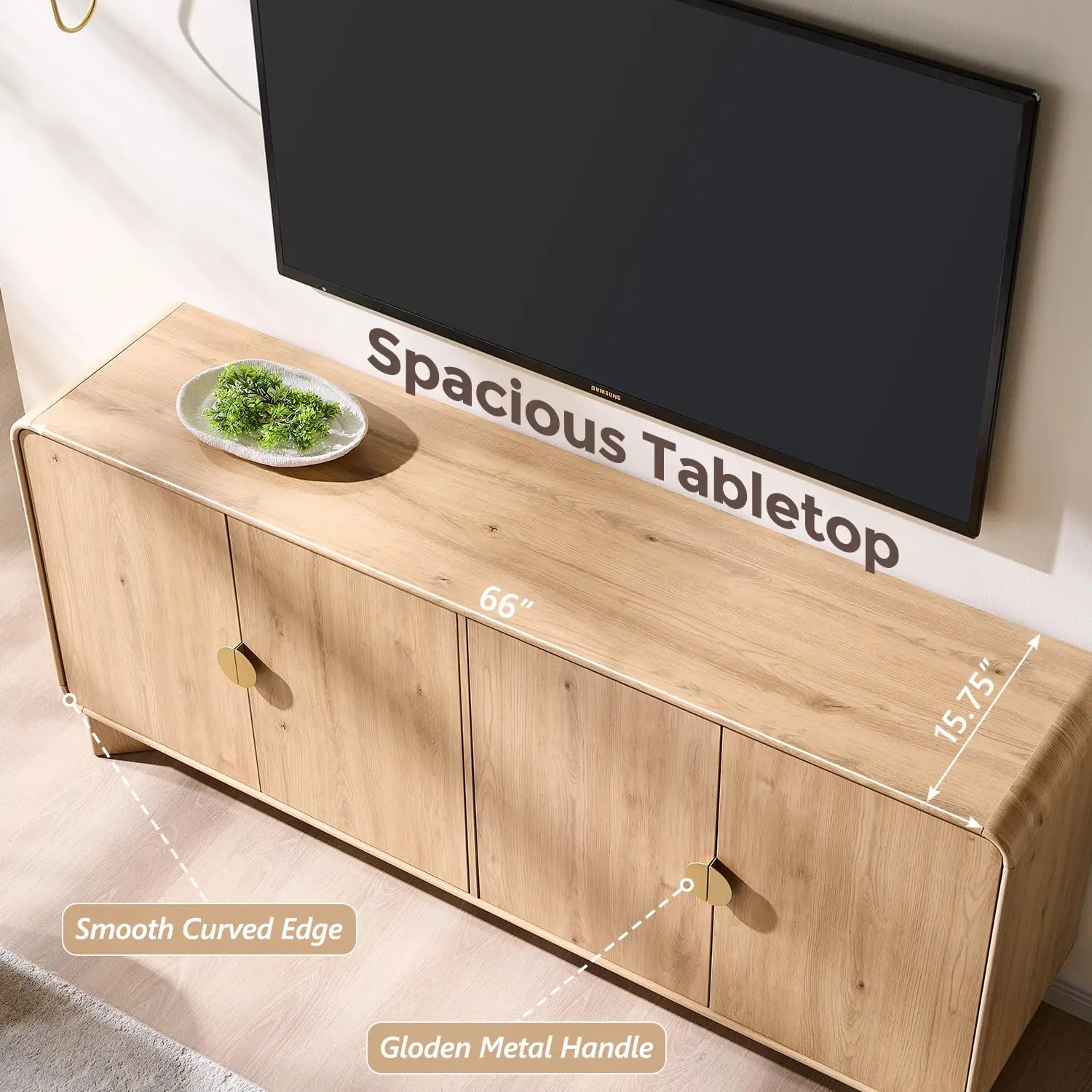 Modern Buffet Cabinet with Storage, 70" Large Sideboard Buffet Storage Cabinet with 4 Doors and Adjustable Shleves, Wooden Curve