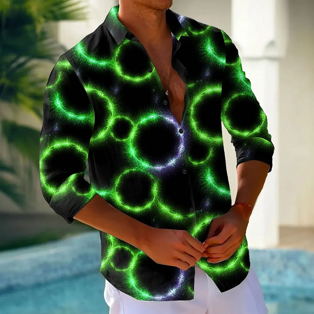 قميص رجالي ذو دائرة هندسية نيون متوهج بأزرار لأعلى...