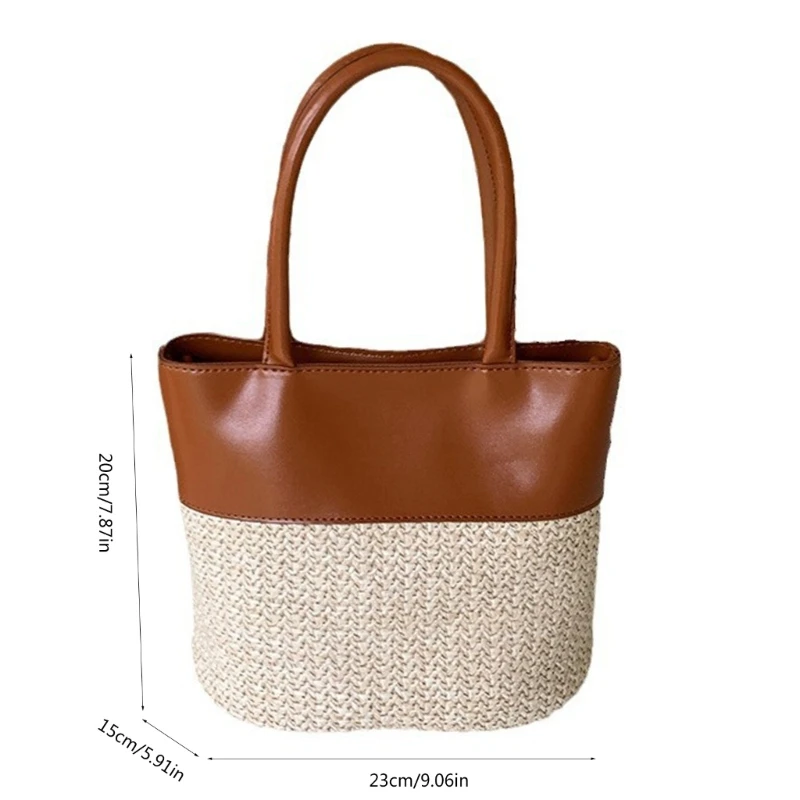 Fashionable Patchwork Shoulder Bag with PU Leather Details Straw Bucket Handbag