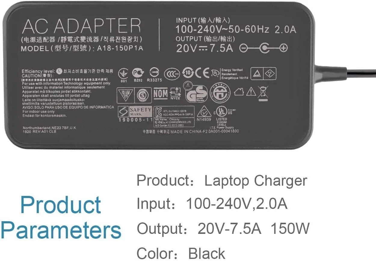 150W 20V 7.5A AC Adaptateur Chargeur ADP-150CH B A18-150P1A Compatible pour  Asus Rog G531GT G731GT FX505GT FX705GT FX505DD FX505DT FX505DU FX705DD