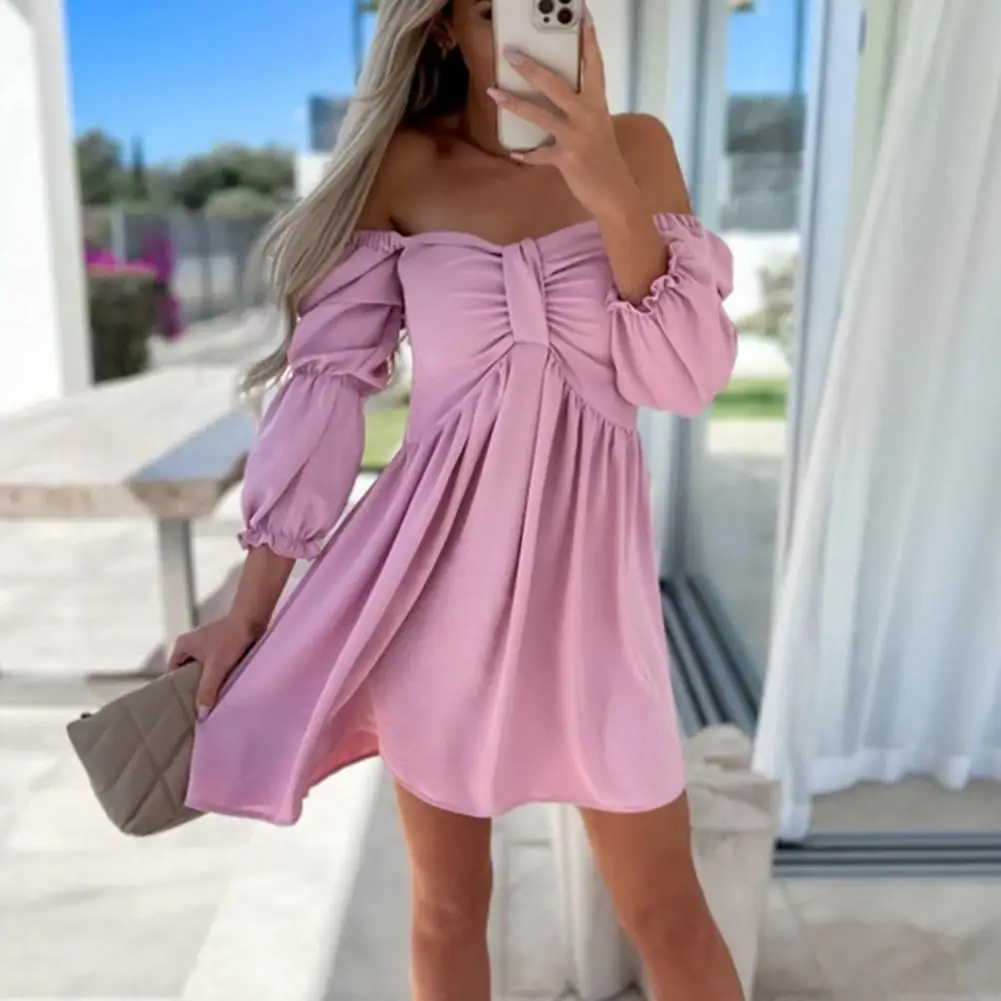 

Women Dress Chic Off-shoulder A-line Mini Dress Flattering High Waist Soft Pleated Design for Women's Beach Prom Style Pleated