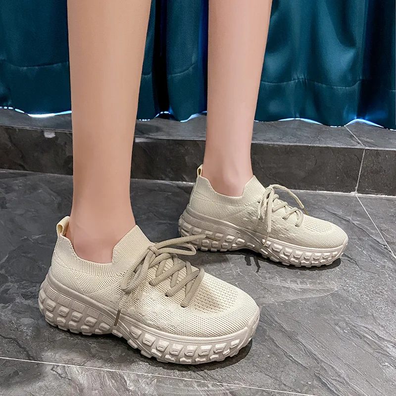 Fashion Low Top Elastic Socks Shoes Women Casual Sports Shoes Women Flat Bottomed Short Boots Knitted Breathable Platform Shoes