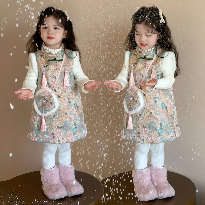 Mädchen Cheongsam Kleid Herbst und Winter Kinder Stilvolle Hanfu Baby Kinder Weste Set Neujahr Gruß Outfit 2025, Neu