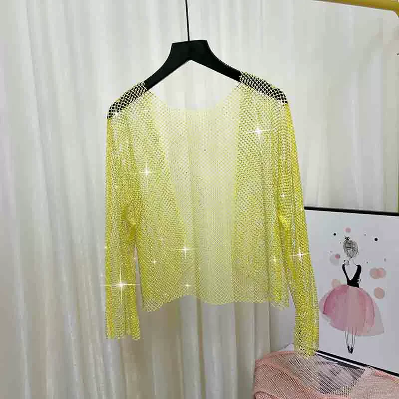 Streetwear Sexy Funkelnden Diamant Kristall Mesh Top Oberbekleidung Frauen T-Shirt Temperament Strickjacke Bodenbildung Shirt Y2K Kleidung – Detail 7