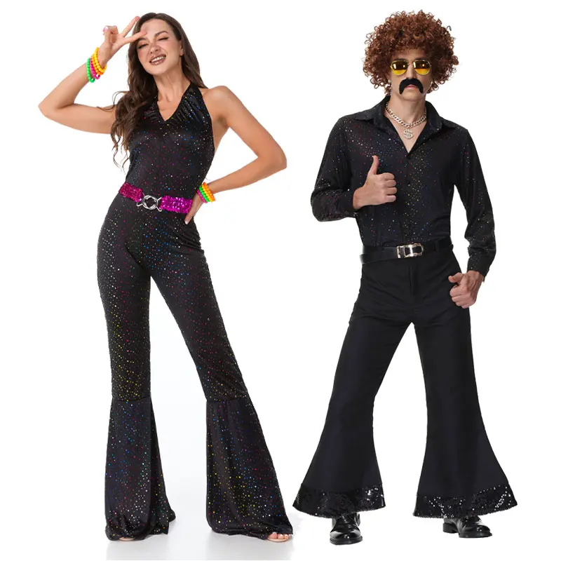 

Adult Peace Love 60s 70s Music Festival Hippie Bell Pants Couple Suit Cosplay Halloween Carnival Retro Hippy Disco Fancy Party