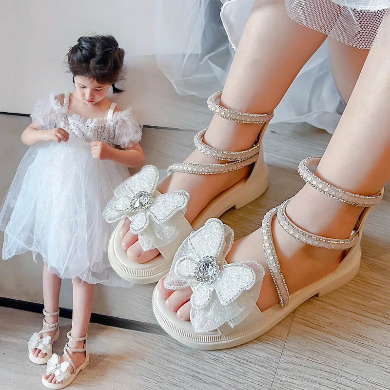Rome Baby Girl Shoes for Kids Girls Sandals Summer 2023 Rhinestone Bow Princess Girl Shoe Children's Flat Sandal Free Shipping