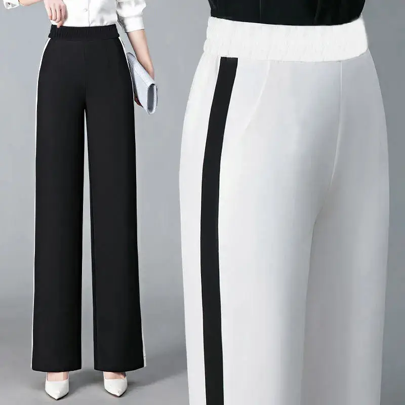 Korean Fashion Women Casual Sports Pants Spring Autumn New Vertical Stripes ElasticHigh Waist Loose Wide Leg Straight Trousers