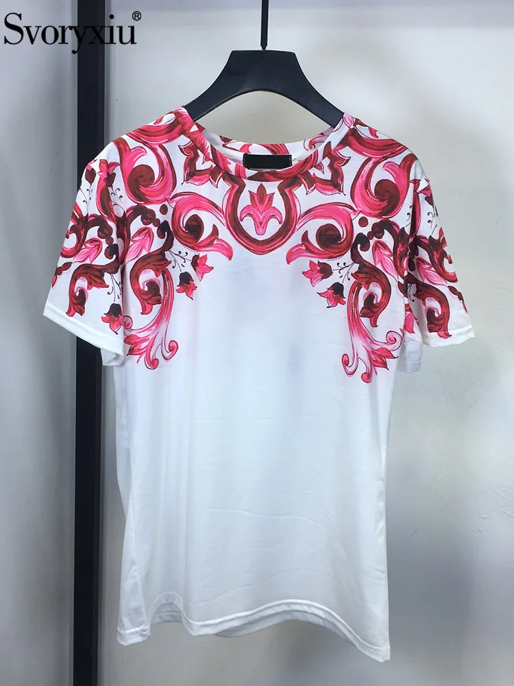 

Svoryxiu Summer Fashion Casual Loose T-Shirts Women's O-Neck Safflower Porcelain Printing Short Sleeve Tops