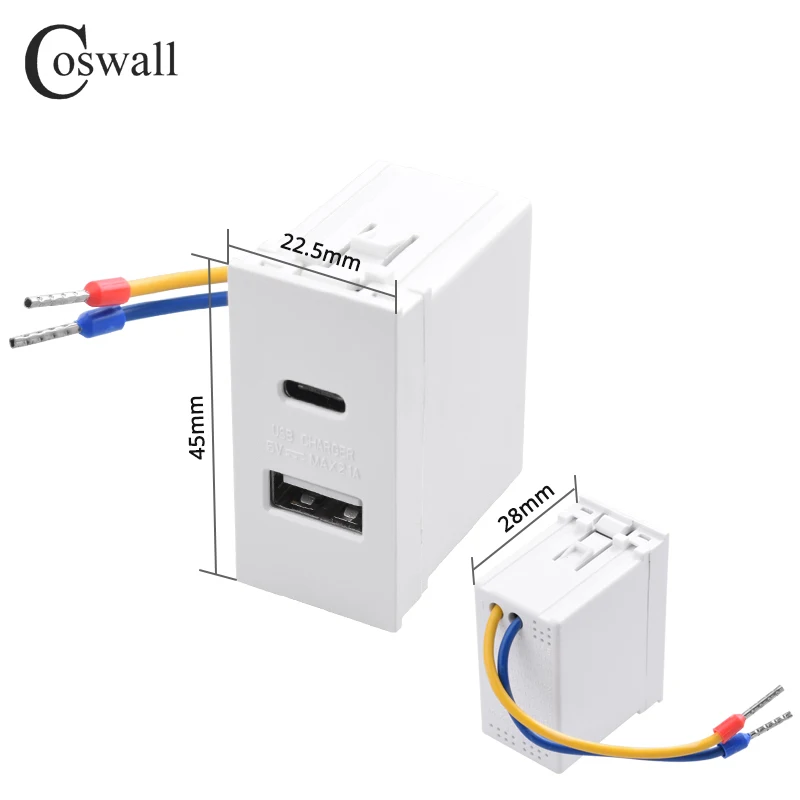 COSWALL E45 / P45 Series White / Black 45*22.5mm Wall Socket Type-C &A Dual USB Charger DC 5V,2A Max. Module DIY AC 100-240V