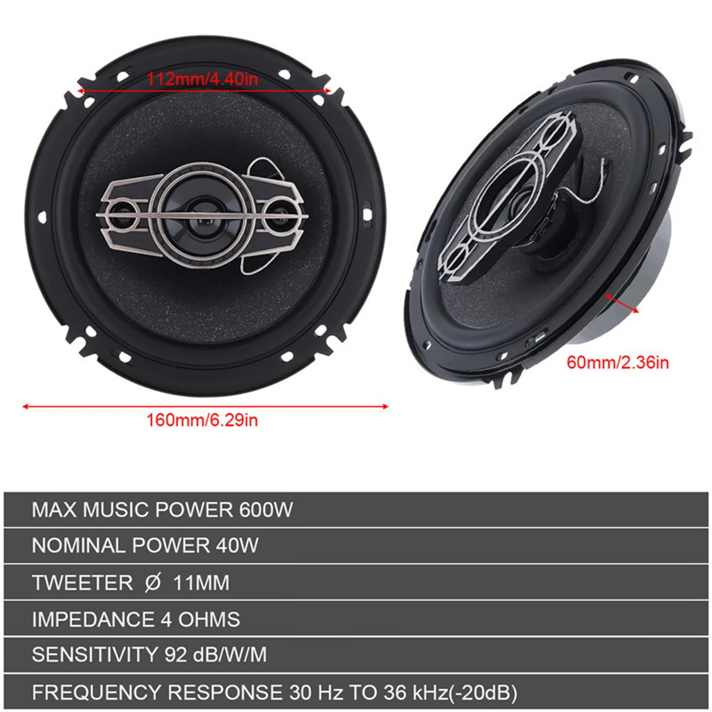 2pcs 6-1/2` 4 Way Car Coaxial Audio Speaker Loudspeaker shallow-mount Black